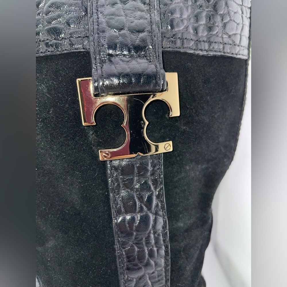Tory Burch Corey Mid Calf Flat Leather Embossed Black  Suede Boots Size 7M​​​​​​ - Picture 6 of 13